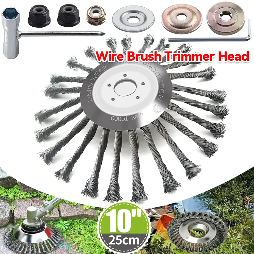 

10inch Knot Steel Wire Grass Trimmer Head Removal Rust Steel Wire Wheel Rotary Weed Brush Lawn Mower Brush Cutter Accessories