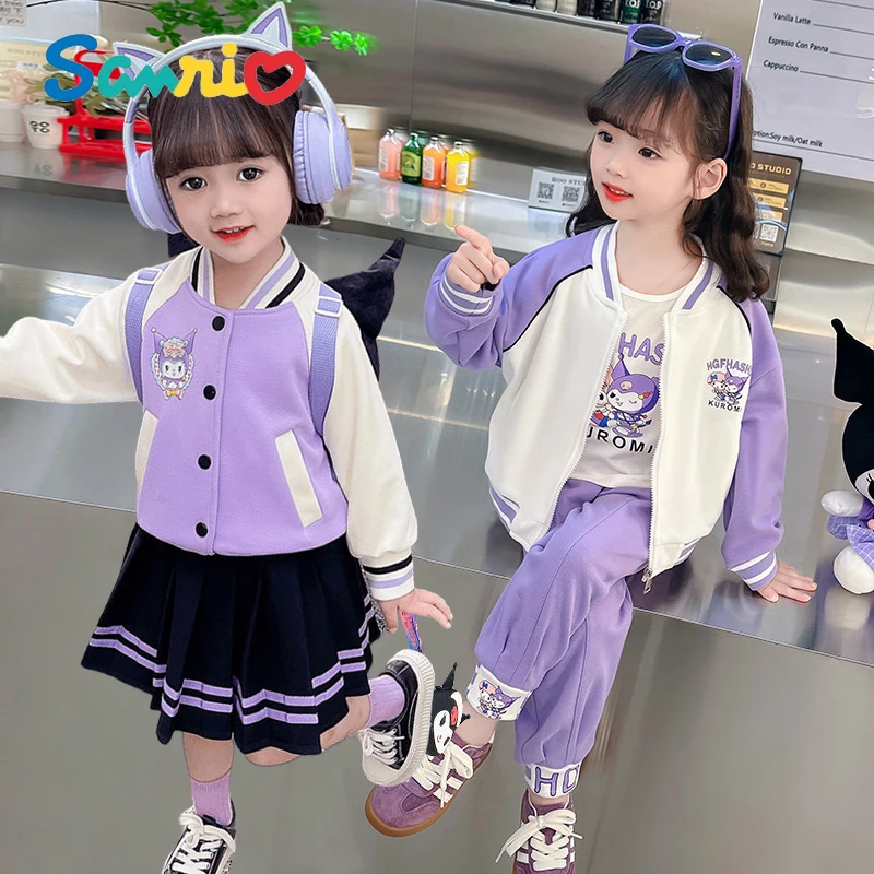 Anime Sanrios My Melody Kuromi Kawaii Girls Knitted Baseball Uniform Three-Piece Cartoon College Style Long Sleeves Kids Jk Suit