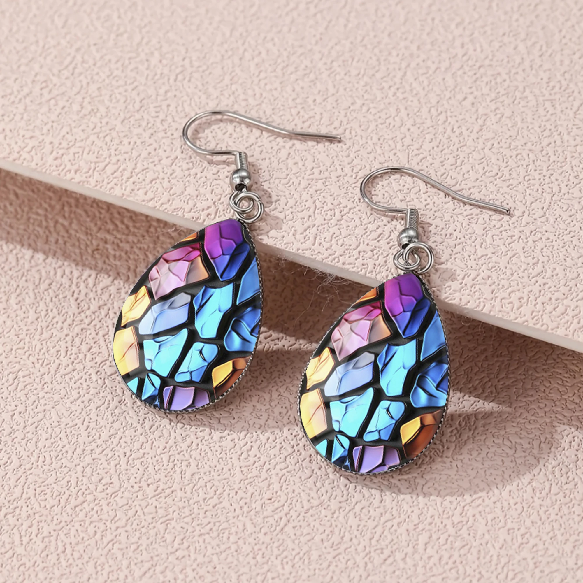 1 Pair of Colorful Cracked Glass Pieces Paired with Convex Glass and 316 Stainless Steel Teardrop Ear Hooks, Elegant and Classic Style Suitable for Women's Daily Wear, Gift-Giving, and Party Jewelry Earrings