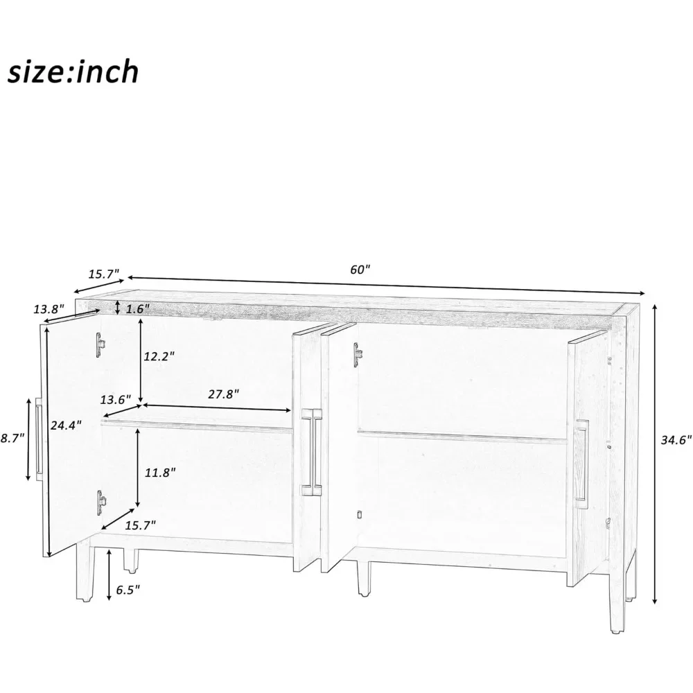 Farmhouse Credenza Cabinet 60'' Sideboard Buffet Cabinet with Wood Grain Finish, 4 Doors and 4 Storage Cubes, Large Storage