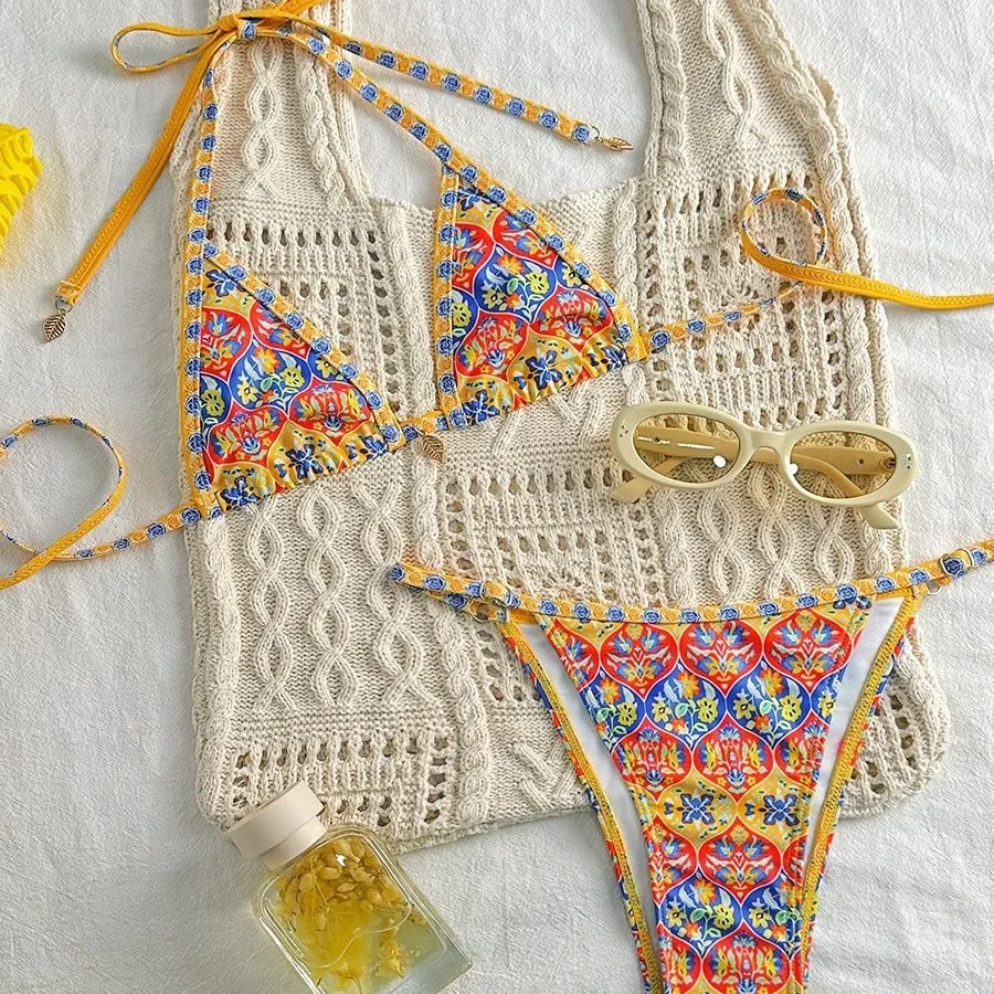 

Бикини с лямкой на шее и принтом, женский купальник, новый сексуальный купальник, бразильский комплект бикини с цветочным принтом, микро-бикини, женские милые стринги, пляжная одежда