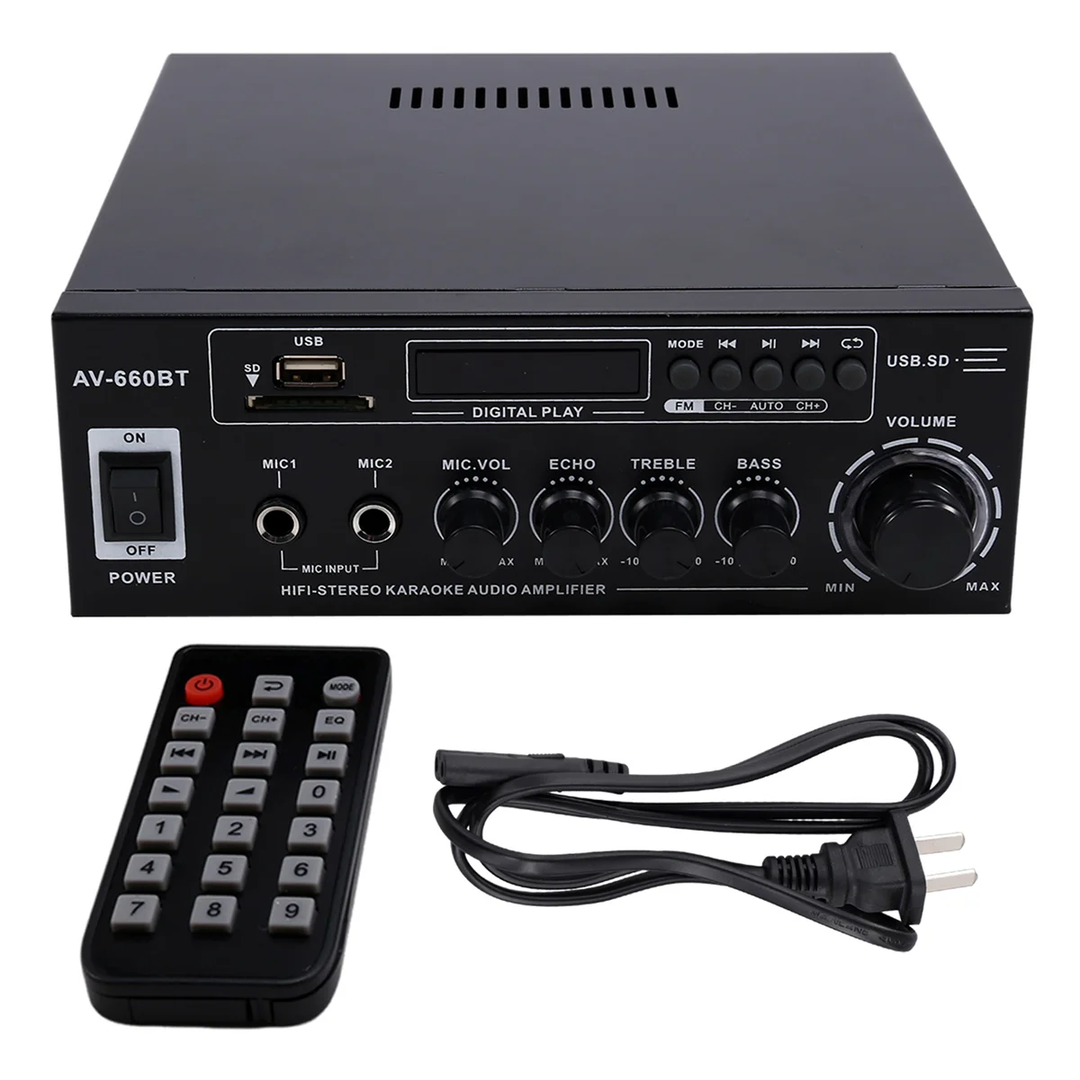 AV-660BT Bluetooth Sound Amplifier - Power Amplifier Support Bluetooth, FM Radio, USB, SD Card & Dual Mic Inputs US PLUG