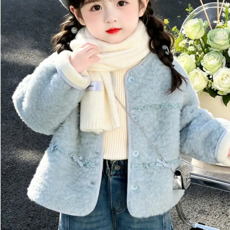 Girls' Warm Little Fragrant Style Coat for Students Autumn and Winter New Item Thick Lamb Wool Coat Girls' Fashionable Soft Tops