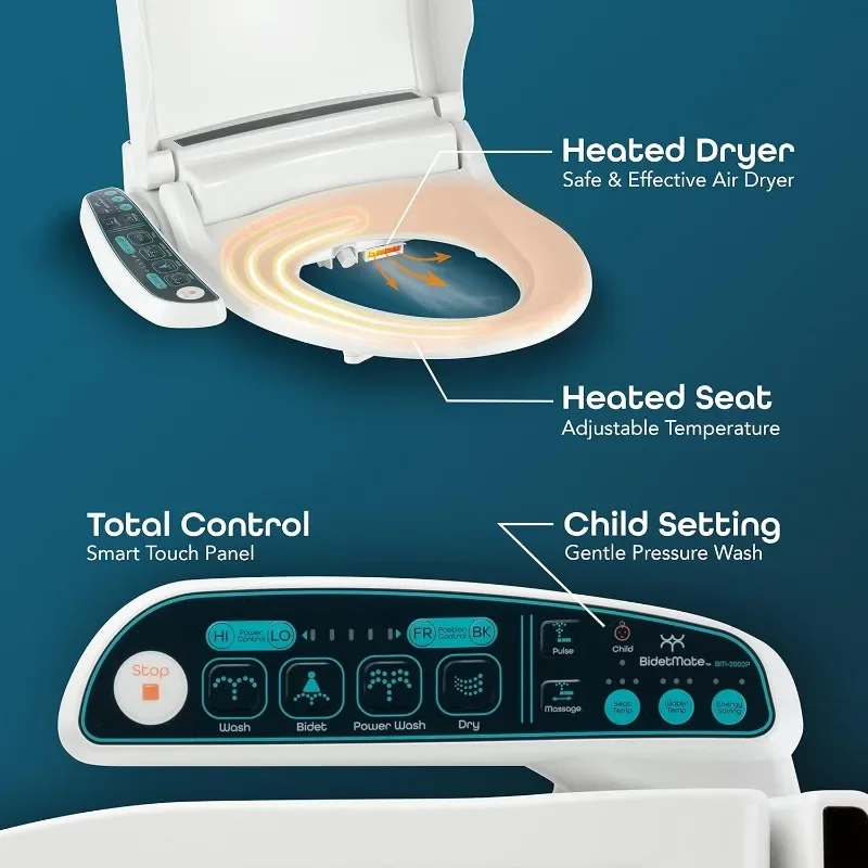 Electric Smart Toilet Seat with Unlimited Heated Water, Side Controls, Deodorizer, Warm Air Dryer - Self-Cleaning, Elongated