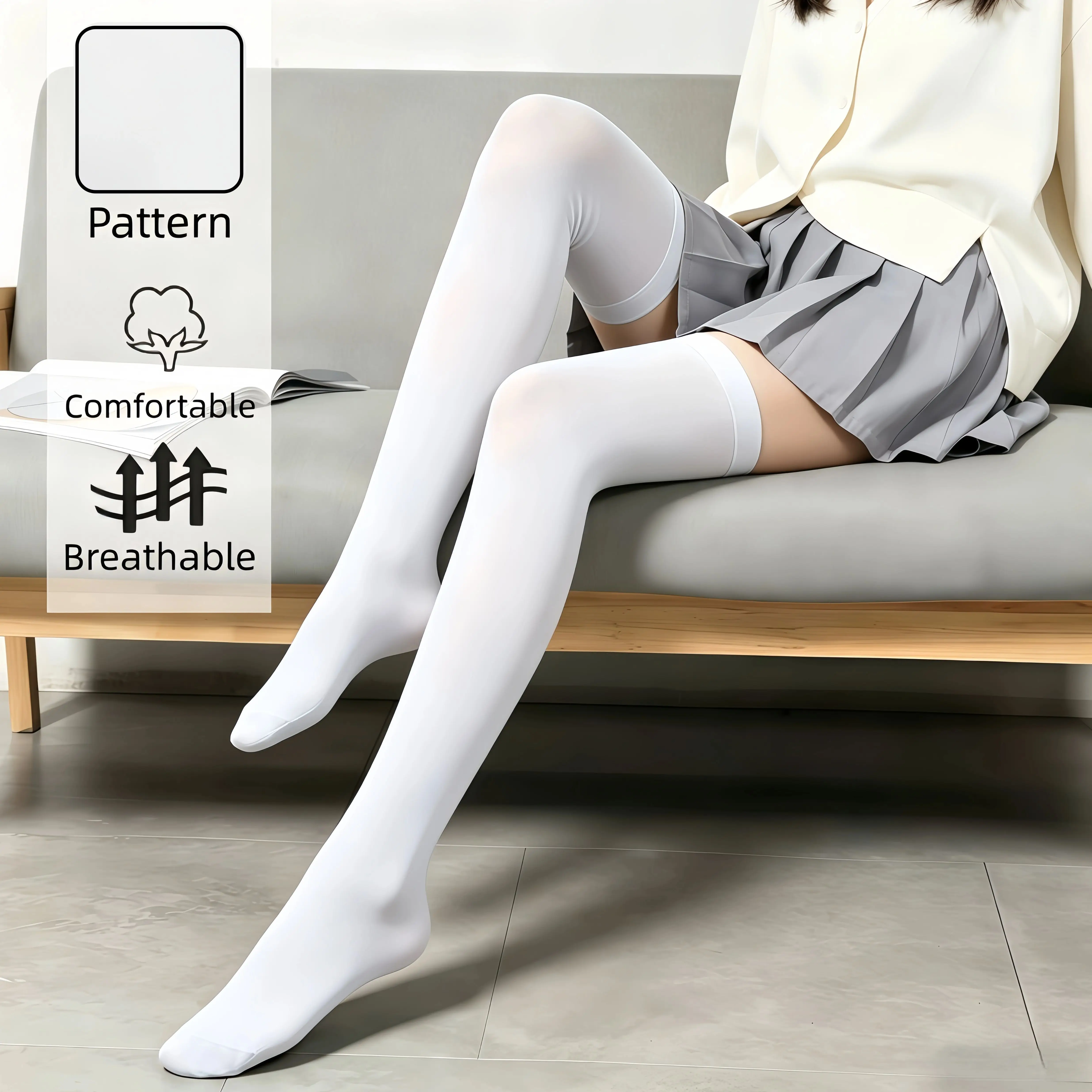 Women's solid pure white thigh high socks skin friendly all purpose over the knee stockings for daily casual outdoor use