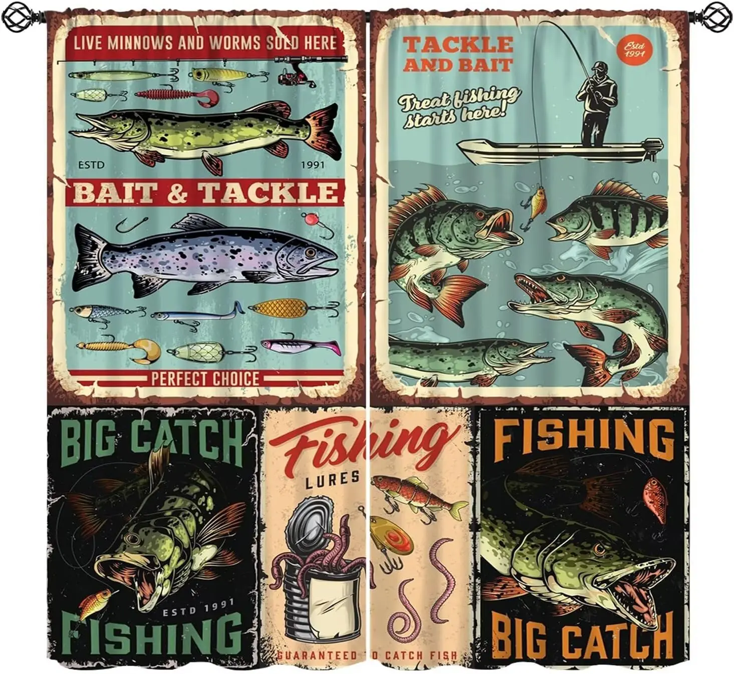 Fish Blackout Curtains Vintage Fish Stamp Pattern Fishing and Hunting Brown Green Fishing Window Drapes for Bedroom Living Room