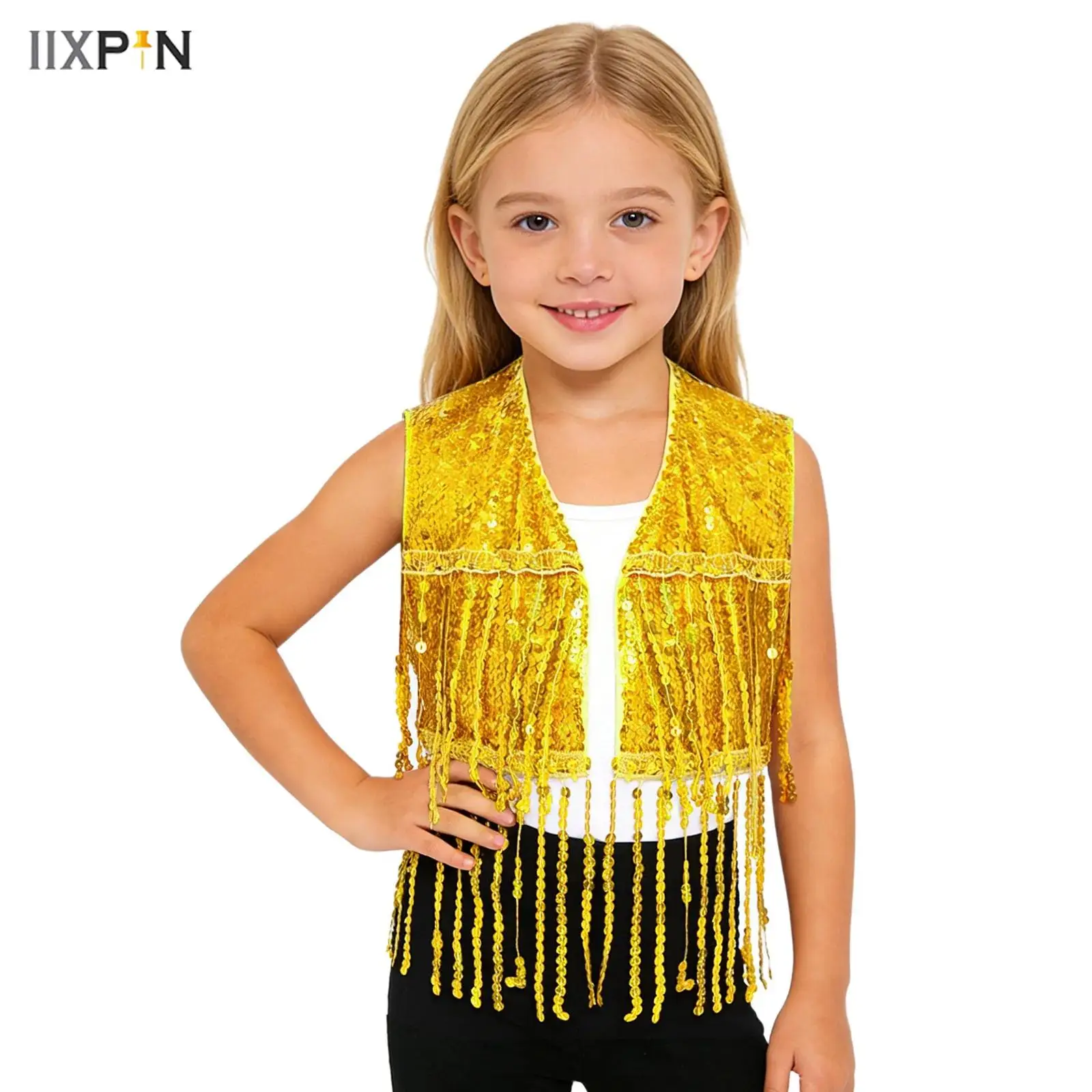 

Kids Girls Shiny Sequin Tassel Vest Sleeveless Open Front Fringed Crop Top Waistcoat for Jazz Dance Cha-Cha Dance Performance