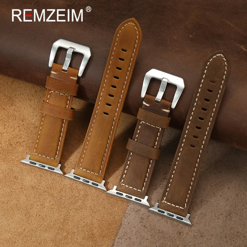 

Retro Crazy Horse Leather Wristwatch Strap for Apple Watch Bands 38/40/41/42/44/45/46/49mm 10-1 SE Ultra 2 Men's Cowhide Belt