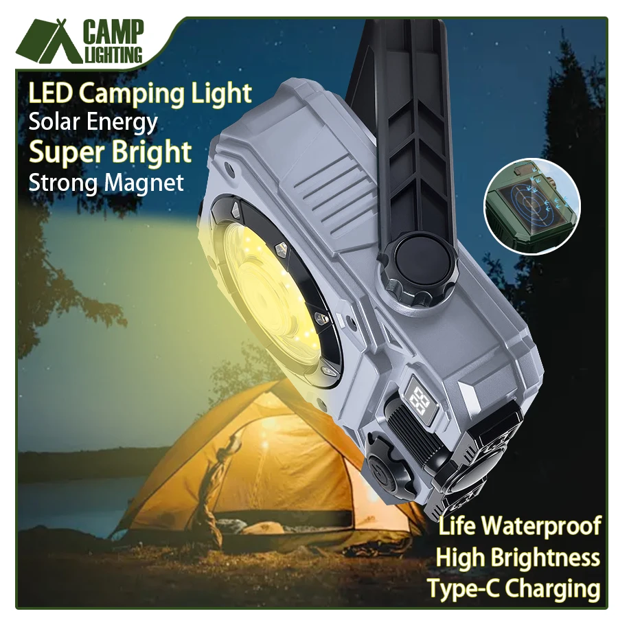 

Портативный солнечный фонарь для кемпинга 3600 мАч, 360 ° Регулируемый, несколько режимов освещения, перезаряжаемый, магнитный, крючок, кемпинг, палатка, рыбалка, открытый