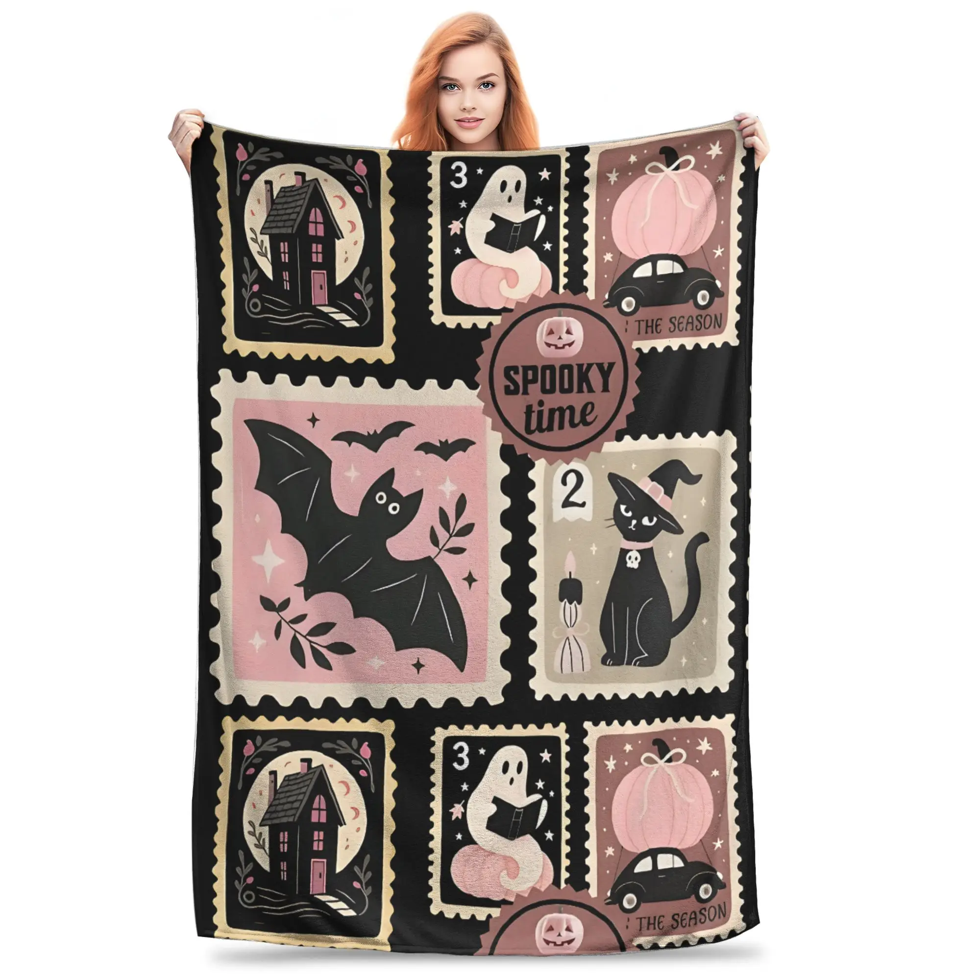 1PC Pink Aesthetic Halloween Postal Stamps Blanket Throw Blanket  Novelty Warm Blanket All Season Gift