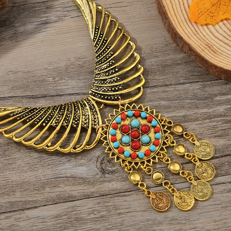 1 PCS Ethnic Elaborate Winged Necklace Vintage Coin Tassel with Turquoise Red Stone Bohemian Chic Jewelry