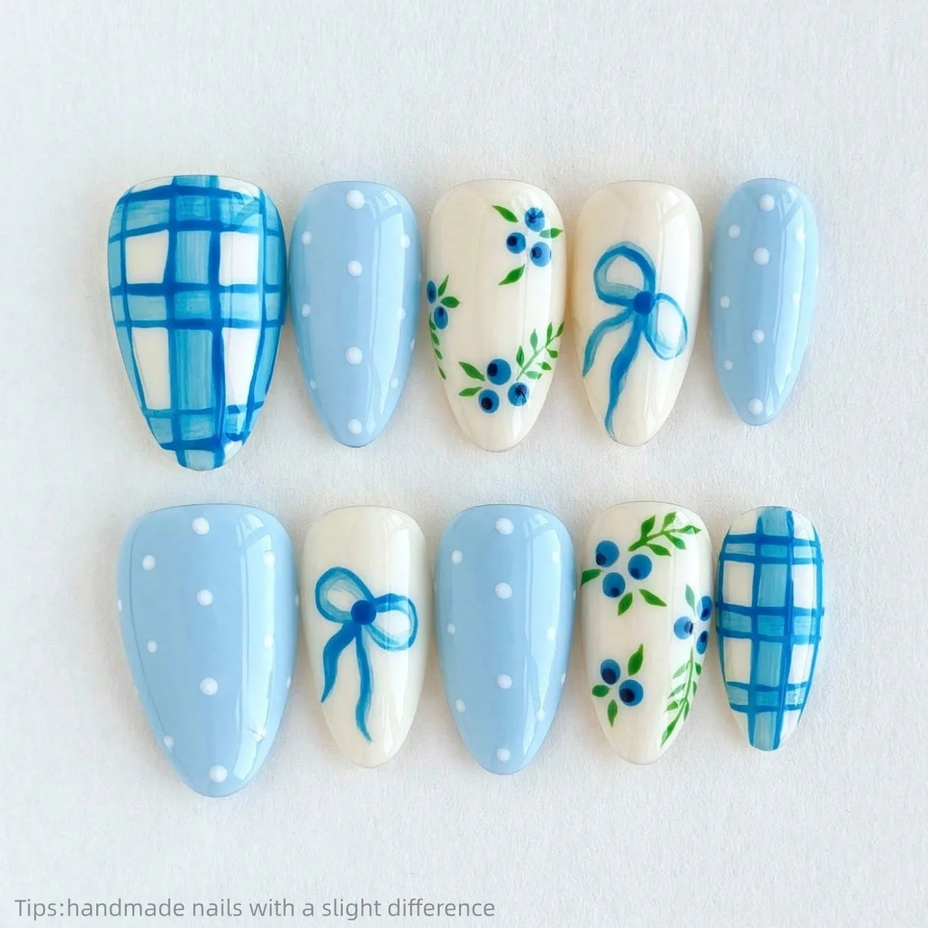 

10 штук искусственных ногтей в форме миндаля, с милым дизайном в виде свежих мультяшных фруктов, с полным покрытием, для френч-маникюра, летний дизайн, для девочек, ручная работа, короткие ногти.