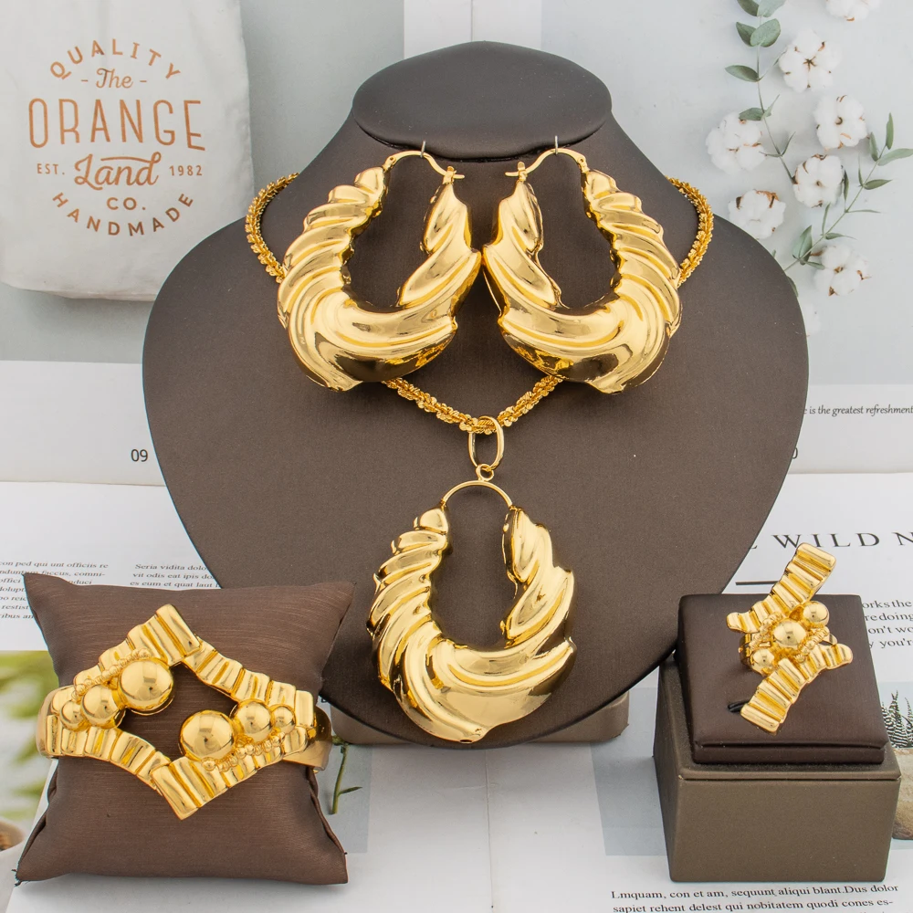 Fashion African Jewelry Set Big Earrings Gold Color Twist Design Necklace Bracelet Ring for Women Weddings Bride Accessory Gift