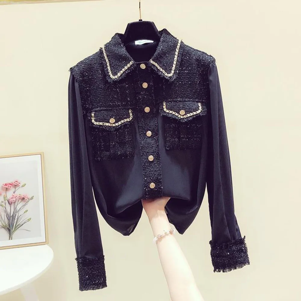 3XL French Retro Small Fragrance Wind Woman Blouse Tweed Splice Shirt Womens Clothing 2022 Spring Autumn New Design Chiffon Top