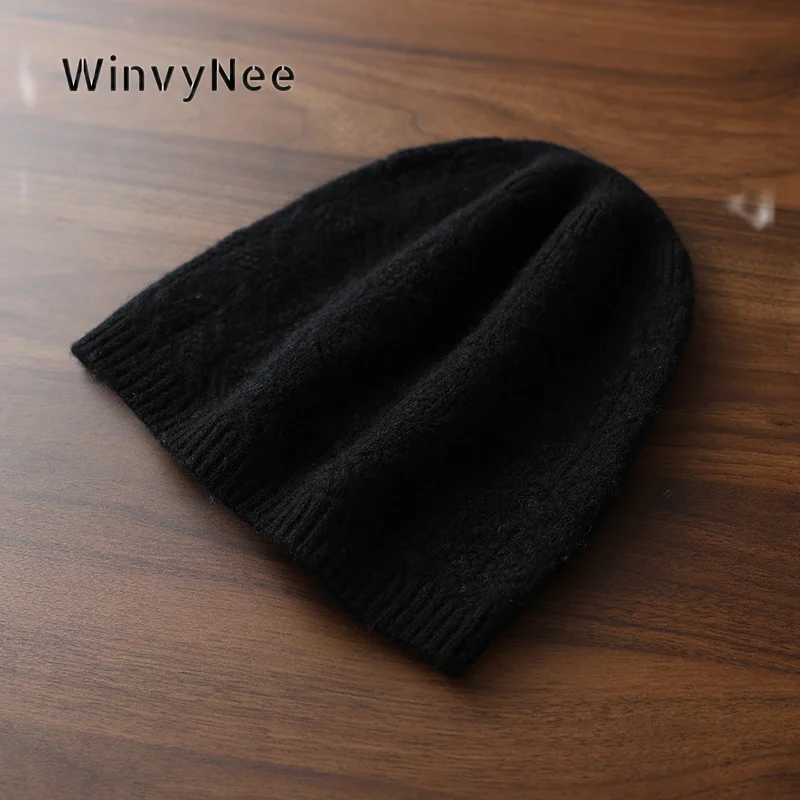 WinvyNee Women 100% Wool Textured Openwork Knit Beanie Autumn Winter Cozy Breathable Plush Soft Stretchy Head Accessory I1883032