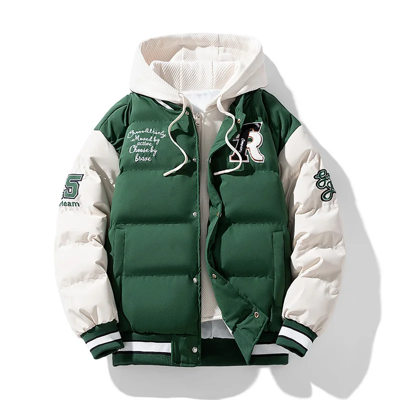 Winter Fashion False Two Piece Men Coat New Keep Warm Thicken Hooded Jacket Outdoors Windproof Comfortable Casual Printing Parka