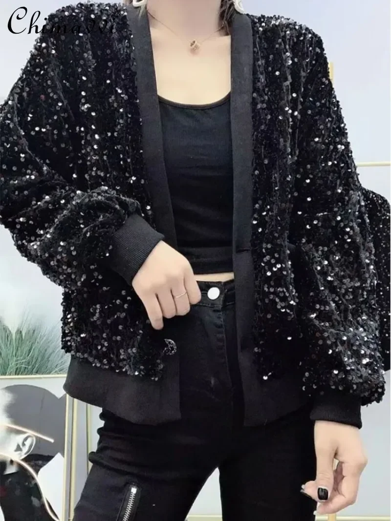 

2024 Spring and Autumn New V-neck Design Sense Niche Korean Version Versatile Top Heavy Industry Black Sequin Short Jacket Women