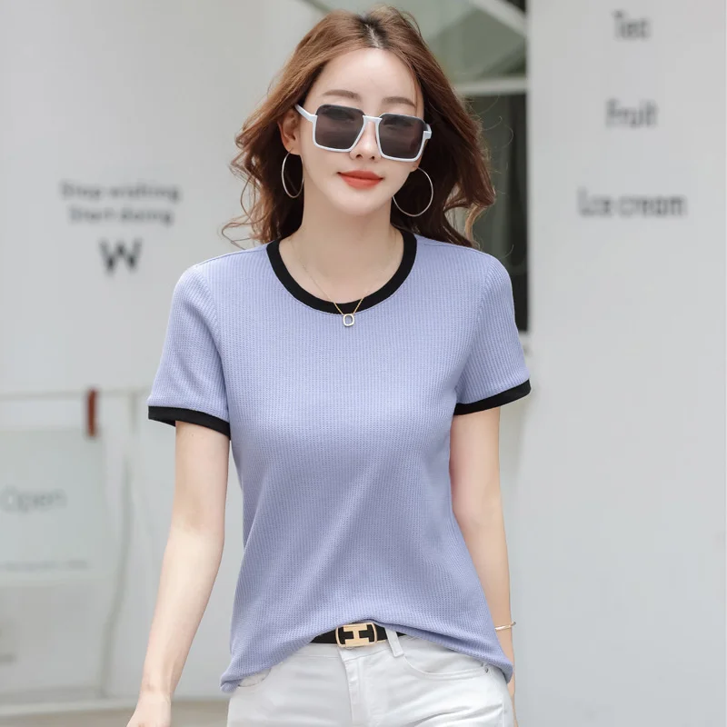 #0268 White Pink Blue Brwon Short Sleeve T Shirt Women Summer T-shirt Femme O-neck Slim Korean Style Womens Tshirt Elegant