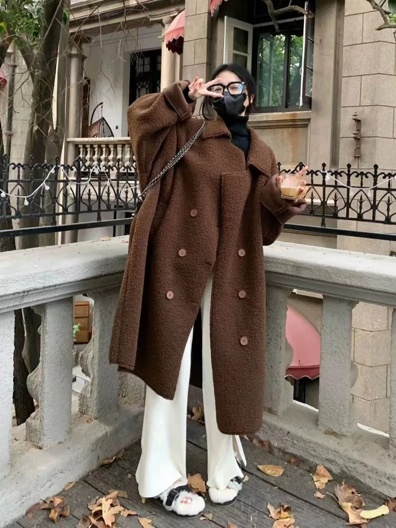 Maillard Brown Lamb Wool Jacket Imitation Fur Winter Fur One-piece Fur Jacket Thickened Long Coat