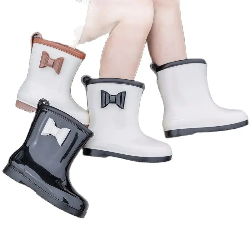 New Children Girls Fashion Cute Rubber Rain Boots Waterproof Kids Slip-resistant Rainboots Child Water Shoes Bowtie Wellies