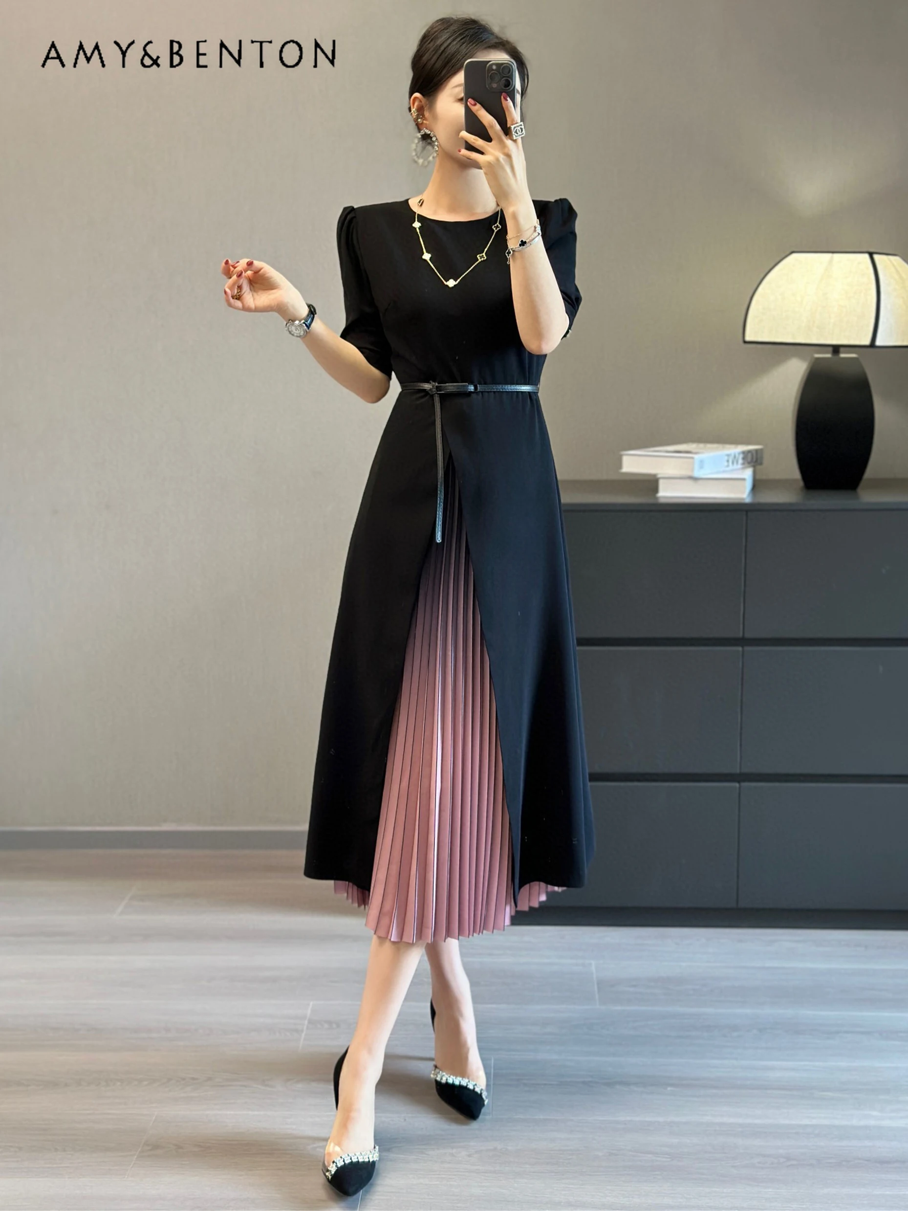 Palace Style Classical Elegant Mid-calf Dresses Summer Office Lady High-Grade Temperament Color Matching Fake Two Pieces Dress