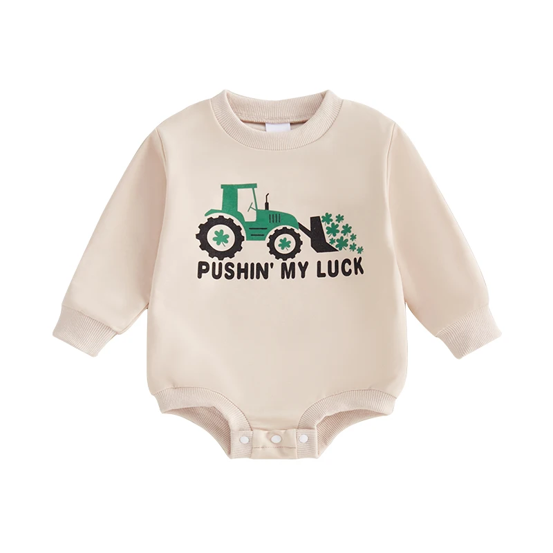 Baby Irish Sweatshirt Romper Letter Shamrock Print Long Sleeve Crew Neck Bubble Jumpsuit