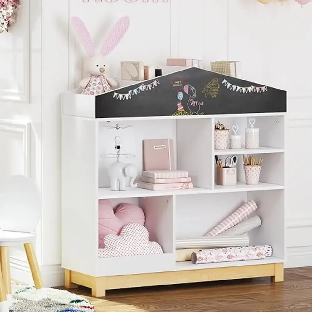 Children's White Bookshelf Cubby Storage Organizer with Chalkboard Dollhouse and Solid Wood Legs Kids Room Toy and Book Storage