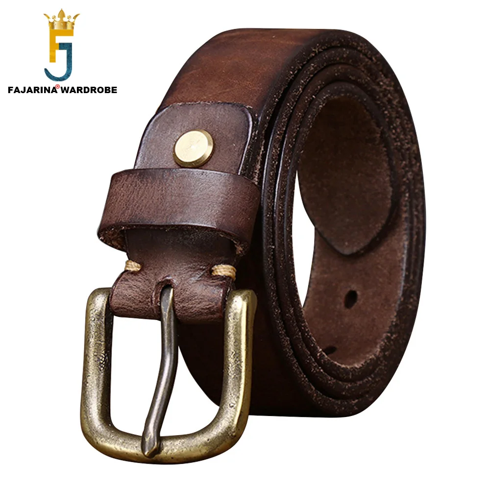 

FAJARINA Top Quality Pure Solid Cow Skin Leather Brass Pin Buckle Retro Belt 3.3cm Wide