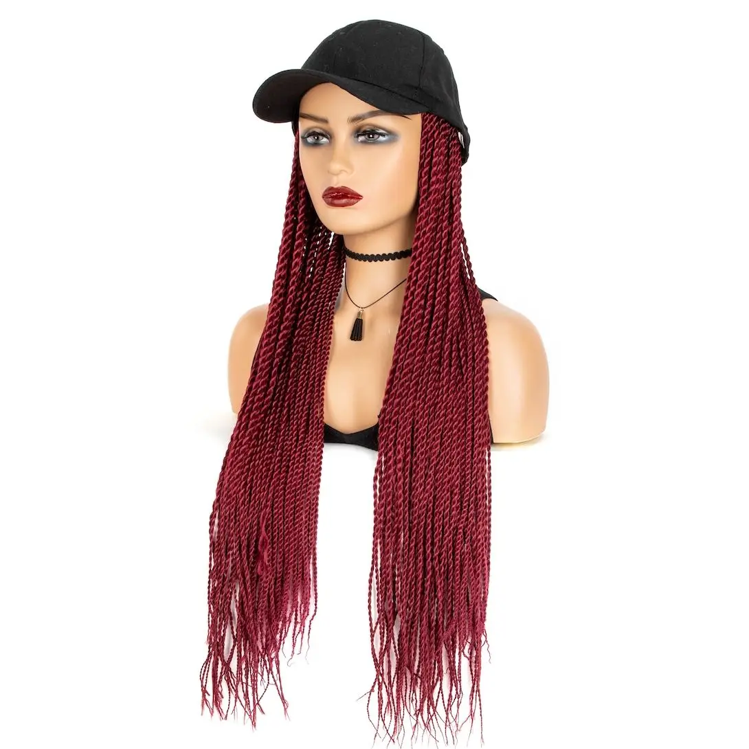 WIGERA Long 24inch Braided Synthetic Wig With Baseball Cap Hot Sale Two-strand Spring Braids Bug# Hair Extensions With Hat