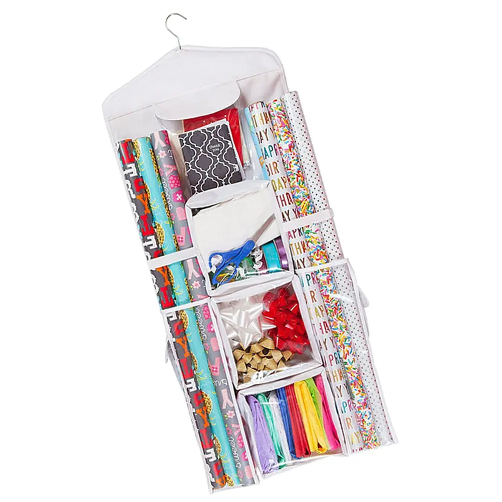 

Подвесная сумка для хранения подарочной упаковки, двусторонняя конструкция с множеством карманов, эффективно организует аксессуары для упаковки и мелочи.