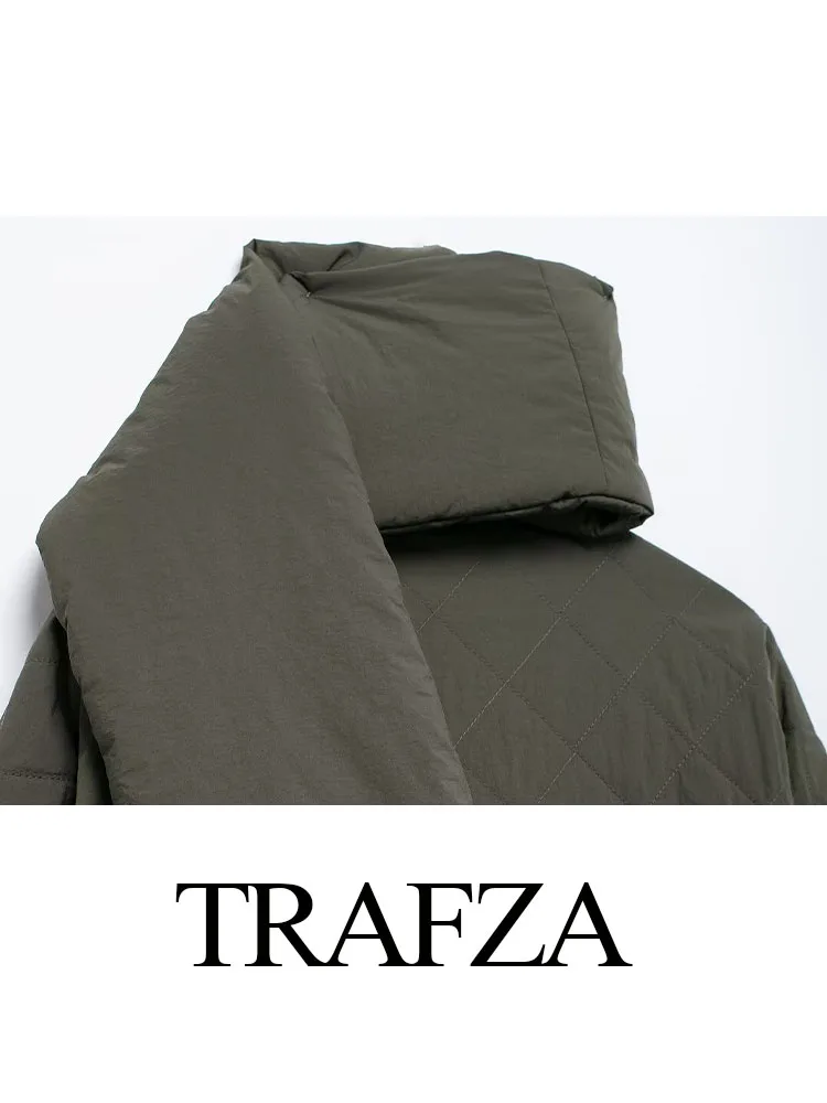 TRAFZA-casaco de algodão curto com cachecol para mulheres, bolso de peito único, casaco quente feminino decorado, manga longa, moda para inverno