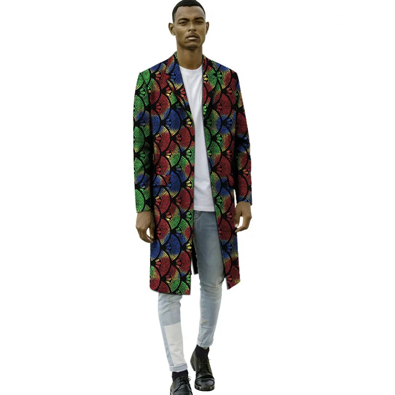 Designer Customized Men's Long Blazer African Print Couture Lapel Jacket Original Pattern Male Coat For Party