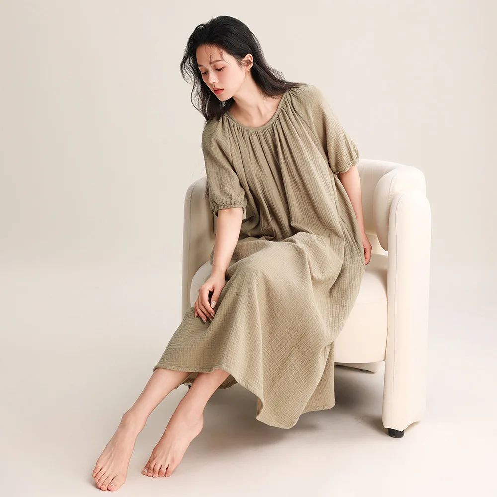 Spring and Summer Nightgown Women's Round Neck Pullover Loose and Casual Wear Cotton Short Sleeved Mid-long Night Dress