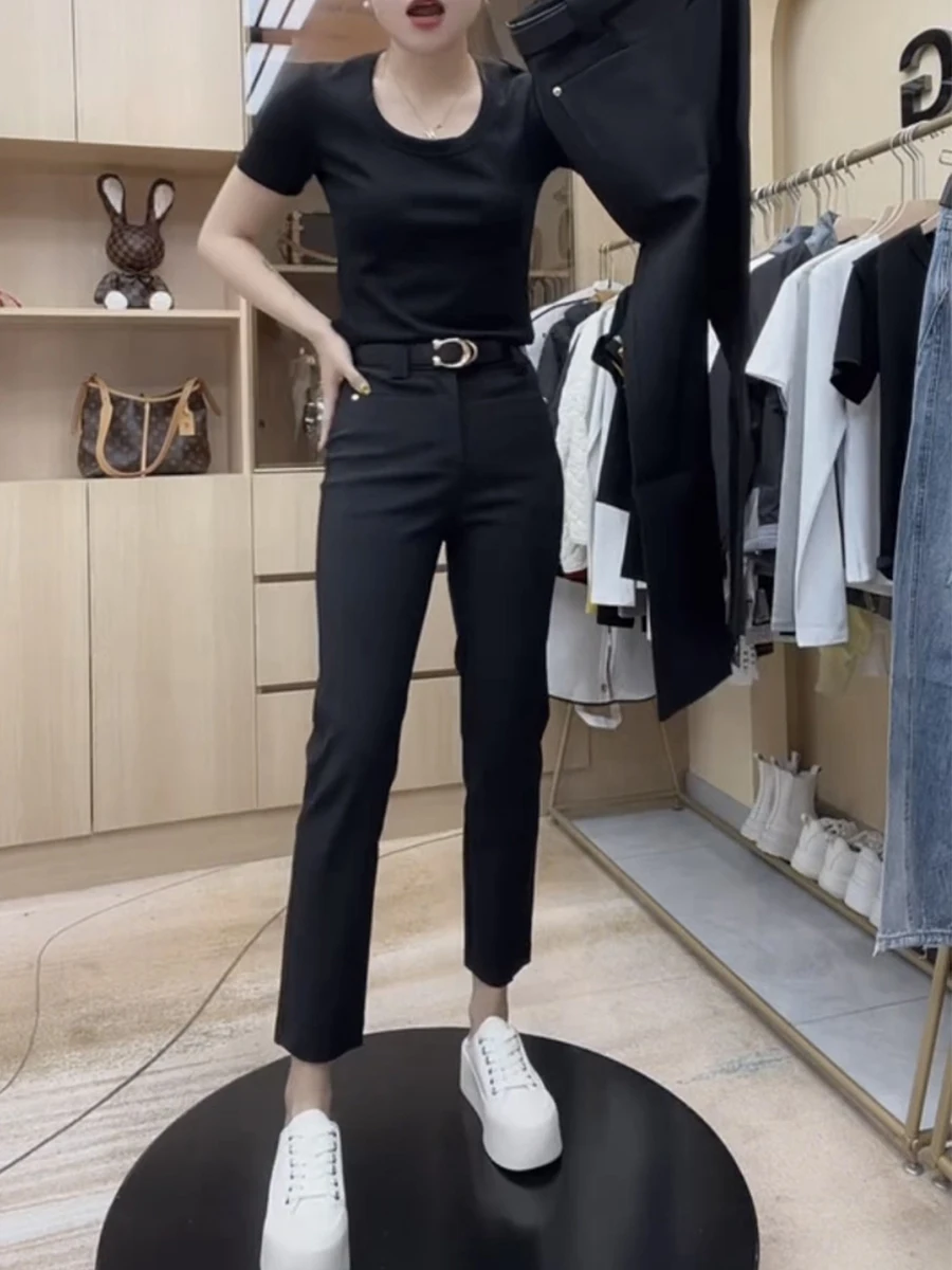 

Spring New Sle Versatile Elastic Slim Fit Nine-Piece Pencil Pants plus Size High Waist Slimming Straight Casual Ankle-Lengt...