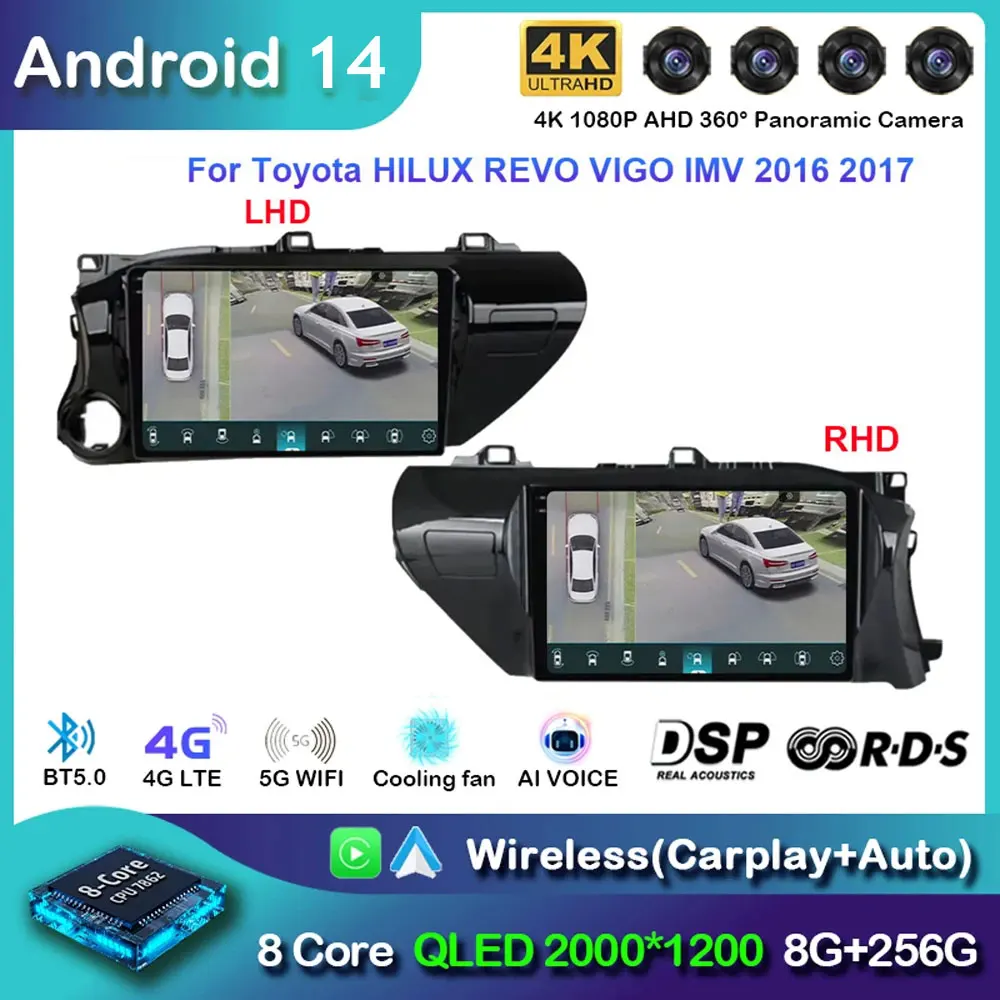 

Автомобильный радиоприемник Android 14 Carplay для Toyota HILUX REVO VIGO IMV 2016-2017 MP5 DSP, мультимедийный навигационный плеер, автостерео 5G