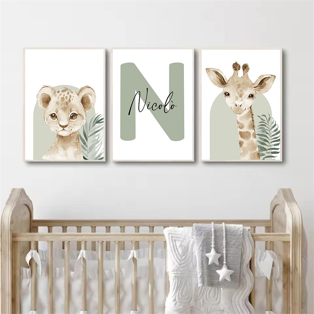 

Lion Wall Art Custom Name Poster Giraffe Canvas Painting Animal Print Green Leaf Posters Nursery Wall Pictures Kids Room Decor