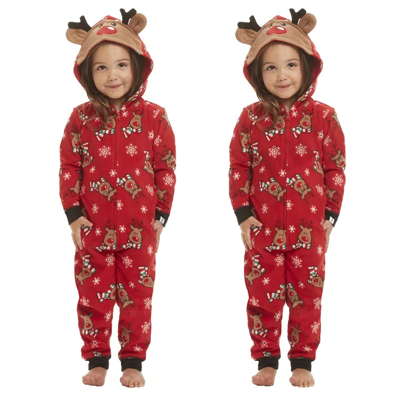 2024 Xmas Family Matching Clothing New Year New Year Moose Print Adults Kids Cute Ear Hooded Rompers Zipper Overalls Jumpsuits