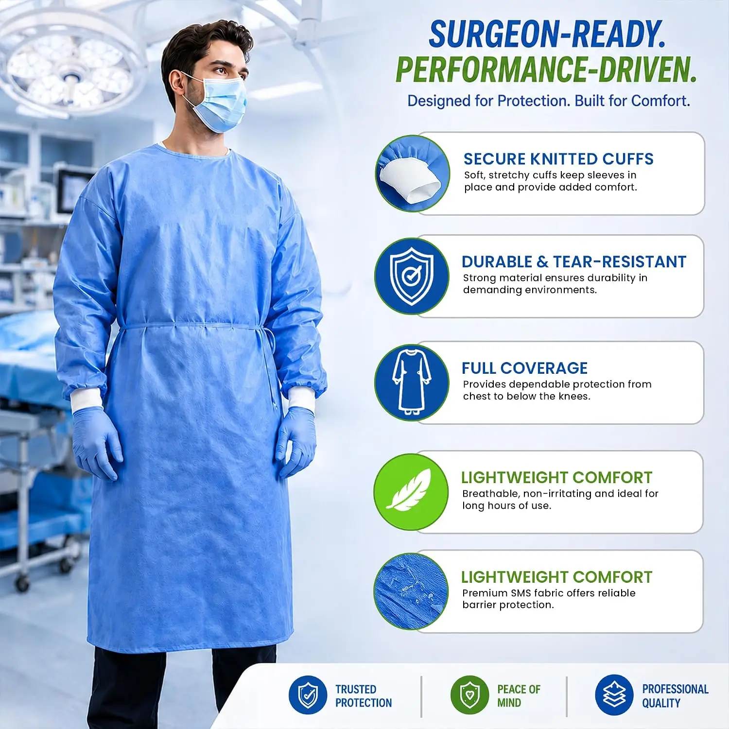 3 Disposable PPE Isolation Medical Gowns– Level 2, Full Back Coverage, Double Tie Closure, SMS 45g Material, Knit Cuffs, Unisex view 4