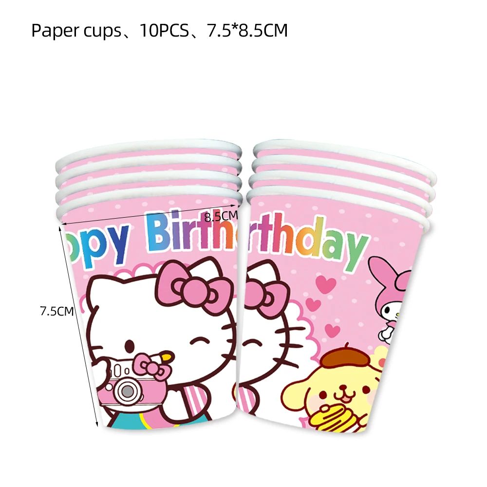 Cartoon Hello Kitty Disposable Tableware, Cup and Plate, Birthday Party Decoration Balloon, Baby Shower, Children\'s Party Suppli