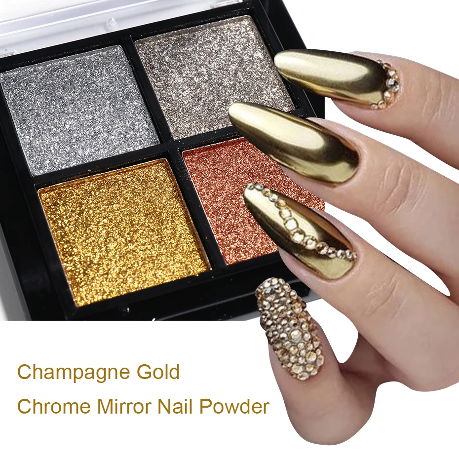 4/6สี Magic Mirror Glitter ผง Chrome เล็บสีแชมเปญ Rub Nail Art แปรงแต่งเล็บ JI1933-1