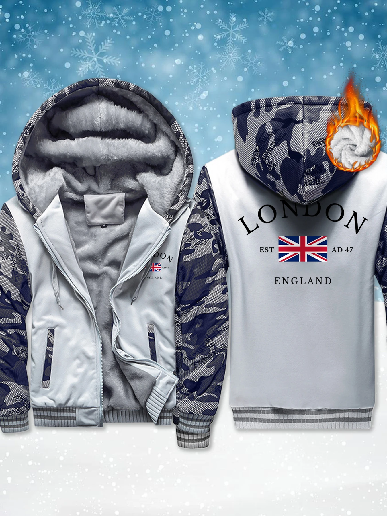 

London England Flag Prints Unisex New Fleece Soft Jackets Warm Comfy Streetwear Thicken Winter Veste Pocket Zip-Up Hoodie Man