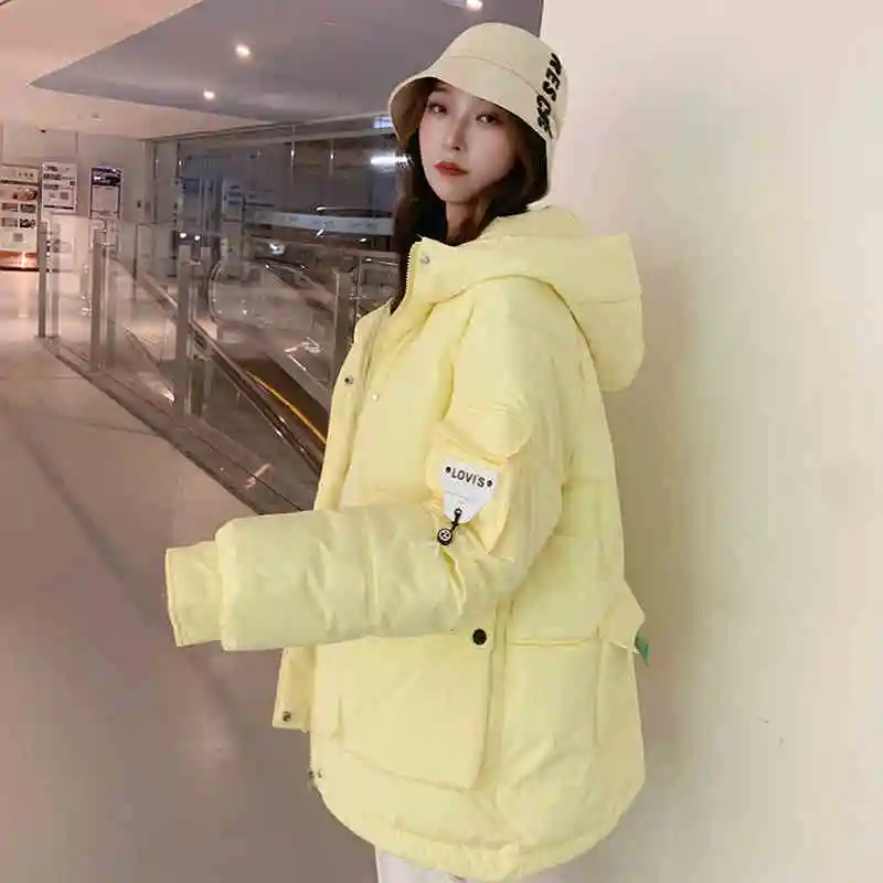 2022 Winter Down Cotton Jackets Women\'s Clothes Short Parkas Slim Hooded Warm Winter Coats Female Yellow Outerwear fp297