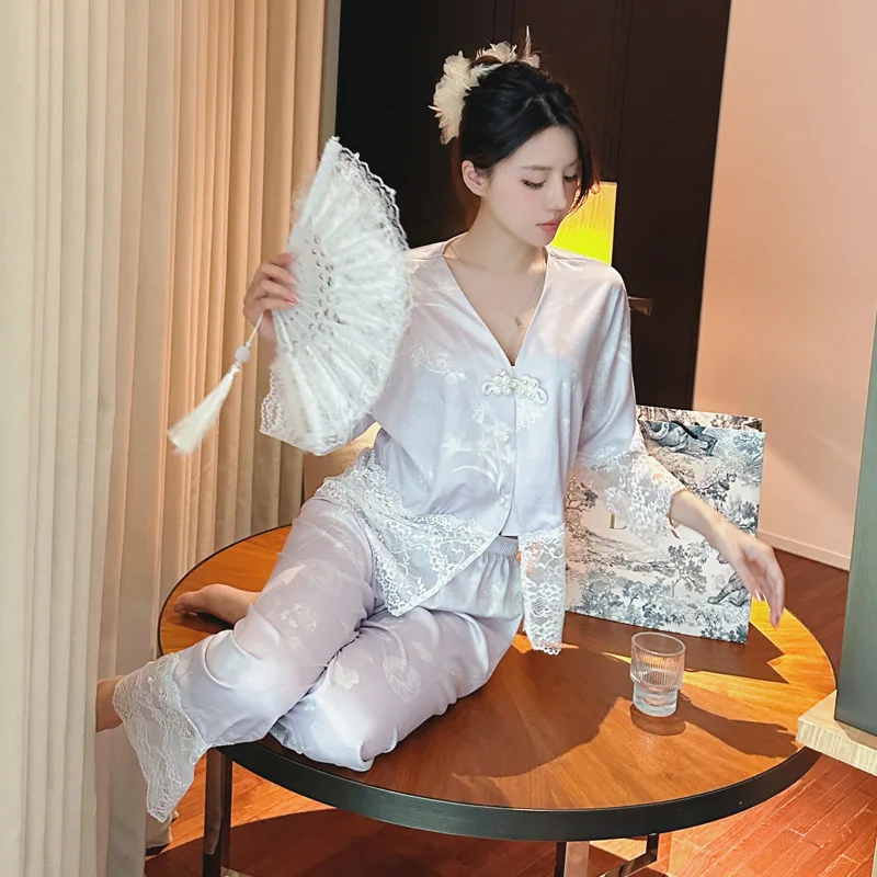 2024 Spring/Summer New Ice Silk Pajamas Thin Set Women Fashion Sexy Lace Splicing High Grade Elegant Home Clothes Can Be Outworn