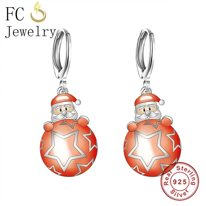 FC Jewelry 925 Sterling Silver Big Santa Claus Red Star Ball Bead Piercing Hoop Earring For Women Girl Mujer Pendientes 2020 DIY