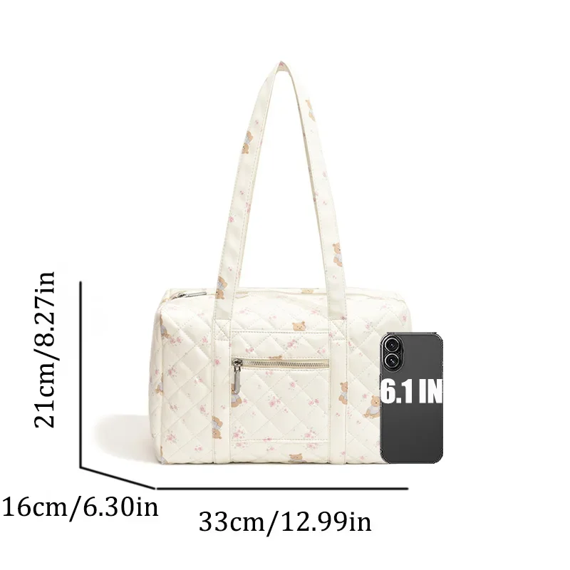 Bolso de mano de viaje acolchado para mujer, bolso de hombro ligero estampado con cremallera segura y costuras de diamantes para viajes y desplazamientos