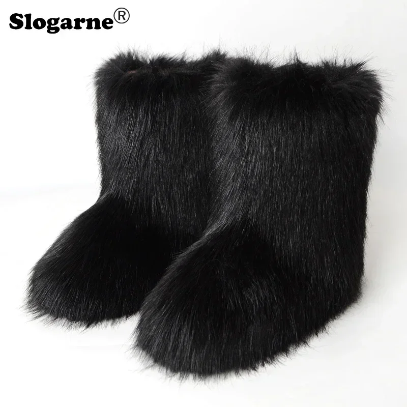 Ladies Sexy Faux Fox Fur Boots Women Fluffy Fur Snow Boots Female Winter Warm Plush Platform Shoes Furry Fur Bottes Luxury Boots