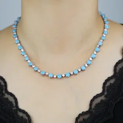 Luxury Women Choker Necklace with Blue Turquoise and Clear 5A CZ Tennis Chain