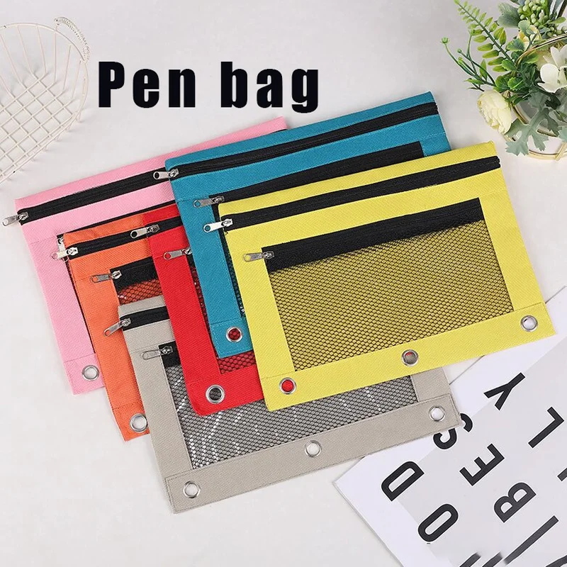 B5 Practical School Pencil Case Square Mesh Pencil Pouch Portable Three Hole Pouch Oxford Cloth Durable Binder Pocket Students