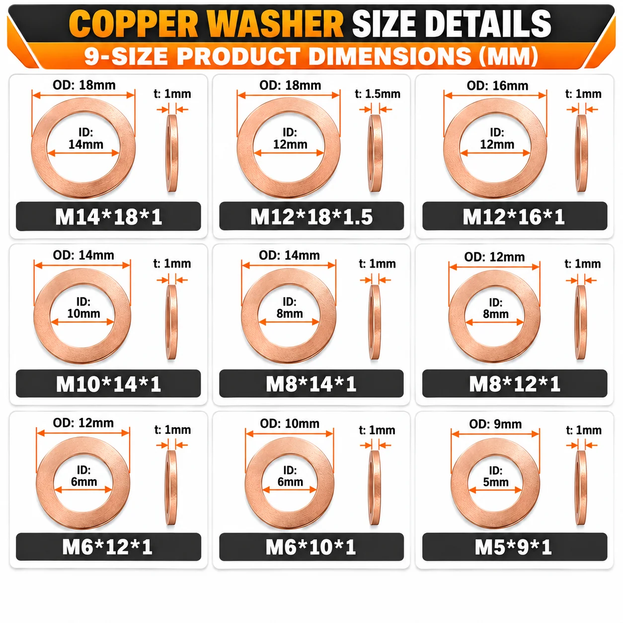 50/100/200pcs Copper Washer Gasket Nut & Bolt Set Perfect For Sump Plugs - Includes Box & Assorted Sizes (M5/M6/M8/M10/M12/M14)