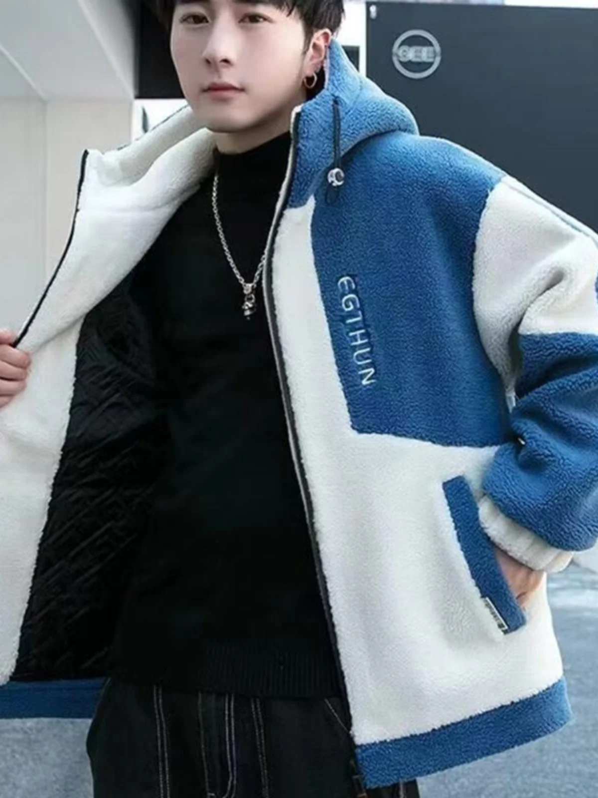 

Thiened American Fce Jaet Men's Winter Warm Hooded Cotton Cardigan Sweater Lamb Fce Jaet Zipper Closure Casual Sle